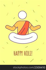 Happy holi greeting card with color icon element. Indian holiday. Postcard vector design. Decorative flyer with creative illustration. Notecard with congratulatory message on yellow. Happy holi greeting card with color icon element