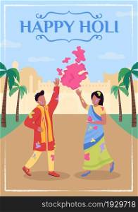 Happy Holi poster flat vector template. Couple dancing with gulal. Brochure, booklet one page concept design with cartoon characters. Celebrating holiday flyer, leaflet with copy space. Happy Holi poster flat vector template