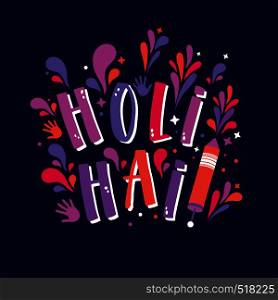 Happy Holi vector sign with colorful elements.. Happy Holi vector sign with colorful hands and colors blots.