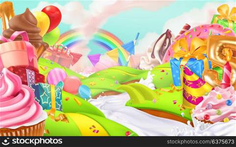Happy holiday. Cupcake, gift box. Sweet landscape, 3d vector background