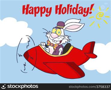 Happy Holiday From White Easter Rabbit Flying With Plane