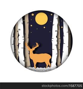 Happy holiday. Merry Christmas abstract paper cut illustration of deer in the forest. Moon and stars in the night. Vector template greeting card in art style
