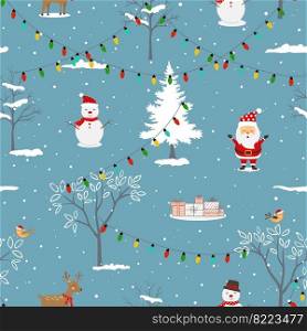 Happy holiday seamless pattern with Santa Claus and funny cartoon animals celebrate party on winter night,vector illustration