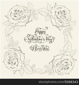 Happy holiday valntines card wirh four roses frame. Vector illustration.