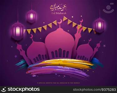Happy holiday written in arabic calligraphy, purple Eid mubarak greeting card with mosque and colorful brush stroke. Eid mubarak greeting card