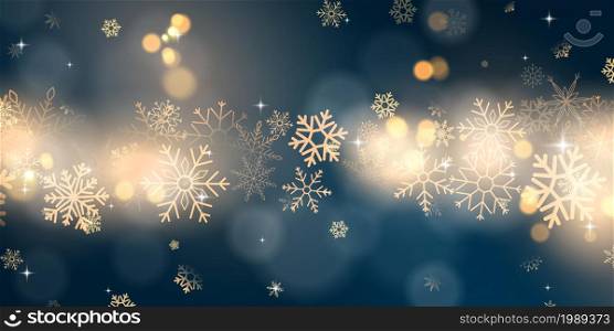 Happy holidays and a prosperous new year! golden christmas stars decorate blue background elegant greeting card with light effect celebration background template with ribbon