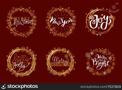 Happy Holidays and best wishes, merry and bright Christmas, holly jolly New Year handwritten doodles, scripts, calligraphic inscription for greeting cards. White text on red background. Happy Holidays, Best Wishes Merry Bright Christmas