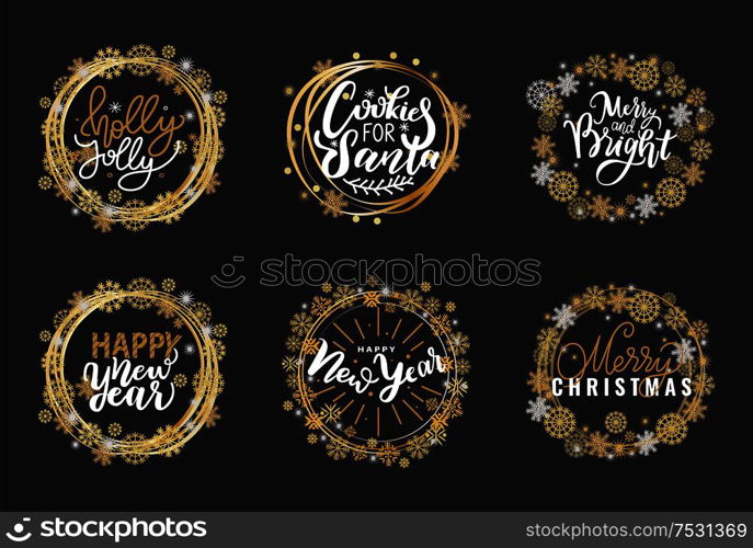 Happy Holidays and best wishes, merry and bright Christmas, holly jolly New Year handwritten doodles, scripts, calligraphic inscription for greeting cards. White text on black background. Happy Holidays, Best Wishes Merry Bright Christmas