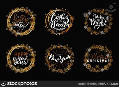 Happy Holidays and best wishes, merry and bright Christmas, holly jolly New Year handwritten doodles, scripts, calligraphic inscription for greeting cards. White text on black background. Happy Holidays, Best Wishes Merry Bright Christmas
