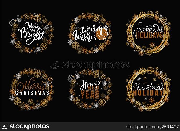 Happy Holidays and best wishes, merry and bright Christmas, holly jolly New Year handwritten doodles, scripts, calligraphic inscription for greeting cards. White text on black background. Happy Holidays, Best Wishes Merry Bright Christmas