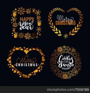 Happy holidays and cookies for Santa, merry and bright lettering doodles with wintertime branch, snowflakes. Vector golden frames, heart borders and wreath. Happy Holidays and Santa Cookies, Merry Lettering