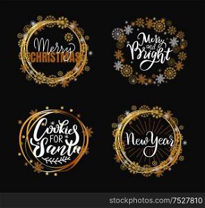 Happy holidays and cookies for Santa, merry and bright lettering doodles with wintertime elements. Sweets confectionery, vector in wreath tag, snowflakes. Happy Holidays and Santa Cookies, Merry Lettering