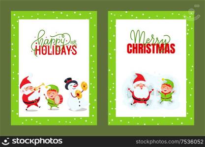 Happy Holidays and Merry Christmas cards with Santa. Happy New Year postcards with Snowman Singing Carols. Vector cartoon characters sending holiday spirit. Happy Holidays and Merry Christmas Cards with Santa