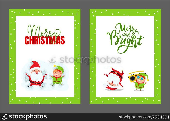 Happy Holidays and Merry Christmas Cards with Santa and Elf. Helper dwarf listening music on boombox and dancing break dance vector cartoon characters isolated. Happy Holidays and Merry Christmas Cards with Santa