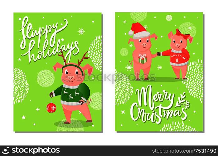 Happy holidays and Merry Christmas postcard. Pig with pattern on sweater and decoration on the head of deer. Girl with red jersey and bow near boy vector. Happy Holidays and Merry Christmas Pig Vector