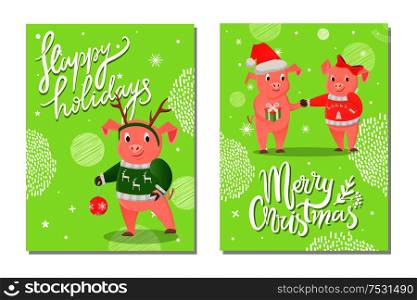 Happy holidays and Merry Christmas postcard. Pig with pattern on sweater and decoration on the head of deer. Girl with red jersey and bow near boy vector. Happy Holidays and Merry Christmas Pig Vector