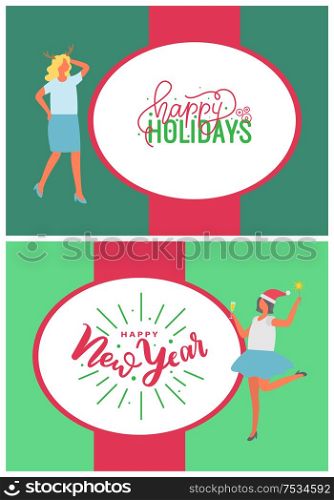 Happy holidays and New Year party people. Inscriptions in white oval with celebration women. Holiday greeting in flat style isolated on green vector. Happy Holidays and New Year Party People Vector
