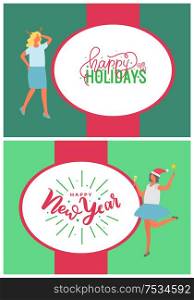 Happy holidays and New Year party people. Inscriptions in white oval with celebration women. Holiday greeting in flat style isolated on green vector. Happy Holidays and New Year Party People Vector