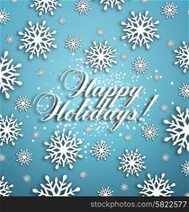 Happy Holidays Background With Snow, Snowflakes And Title Inscription With Shadow