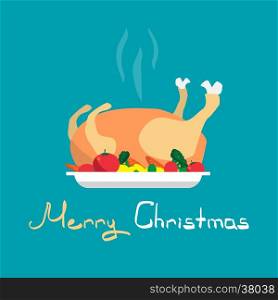 Happy Holidays Cartoon flat cooked roasted turkey Christmas on a plate with vegetables. Cartoon style vector Greeting Card