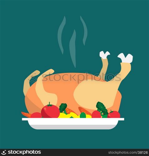 Happy Holidays Cartoon flat cooked roasted turkey Christmas on a plate with vegetables. Cartoon style vector illustration
