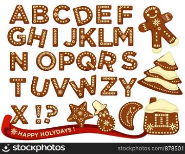 Happy holidays, Christmas abc letters font, graphic design vector. Signs in form of bakery with ginger, gingerbread man and star, house and pine tree, cookies set. Celebration alphabetical icons. Happy holidays, Christmas abc letters font, graphic design