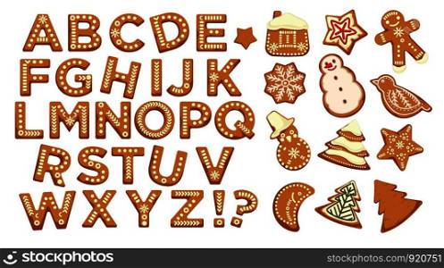 Happy holidays, Christmas abc letters font, graphic design vector. Signs in form of bakery with ginger, gingerbread man and star, house and pine tree, cookies set. Celebration alphabetical icons. Happy holidays, Christmas abc letters font, graphic design vector.