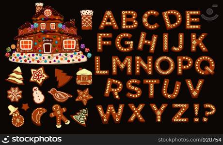 Happy holidays, Christmas abc letters font, graphic design vector. Signs in form of bakery with ginger, gingerbread man and star, house and pine tree, cookies set. Celebration alphabetical icons. Happy holidays, Christmas abc letters font, graphic design vector.
