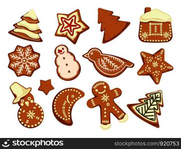 Happy holidays, Christmas traditonal cookies graphic design vector. Signs in form of bakery with ginger, gingerbread man and star, house and pine tree set. Celebration icons. Happy holidays, Christmas traditonal cookies graphic design vector.