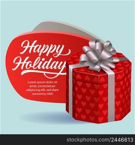 Happy Holidays festive flyer design. Red gift box with grey ribbon on blue background. Template can be used for banners, posters, greeting cards