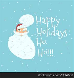 Happy Holidays Greeting Card with Portrait of Cute Hipster Santa Claus in Red Hat with Stylish Hairstyle Saying Ho-Ho on Blue Background with Falling Snow. Cartoon Flat Vector Illustration, Banner. Happy Holidays Greeting Card Portrait of Santa