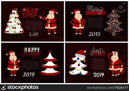 Happy holidays greeting cards on 2019 New Year holiday. Vector postcards, decorated Xmas tree topped by hat with bows and bells, tired Santa Claus. Joys Greeting Card on 2019 New Year Holiday Vector