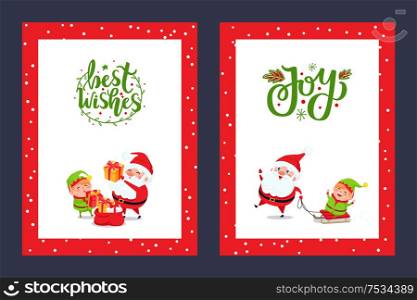 Happy Holidays greeting cards with Santa and Gift Boxes. Joyful Elf like sledding with Saint Nicholas. Vector New Year cartoon characters isolated.. Happy Holidays Greeting Cards with Santa and Gift Boxes