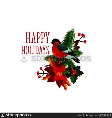 Happy Holidays greeting icon of bullfinch bird on Christmas wreath of poinsettia and holly. Vector isolated symbol of New Year winter season celebration for greeting card design template. Christmas bullfinch wreath vector greeting icon
