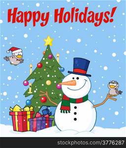 Happy Holidays Greeting With A Snowman And Cute Birds