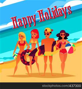 Happy holidays. Group of young people on beach. Summer vacation on sea. Vector illustration. Happy holidays. Group of young people on beach