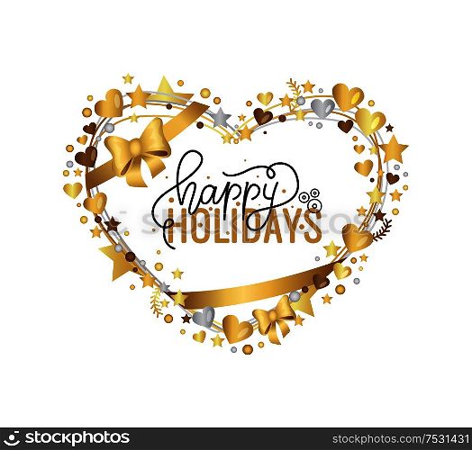 Happy Holidays hand written doodle, Merry Christmas script, calligraphic inscription for greeting cards. Vector wishes lettering in heart frame with snowflakes. Happy Holidays Hand Written Doodle Merry Christmas
