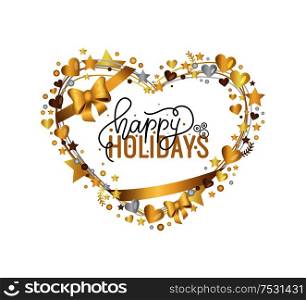 Happy Holidays hand written doodle, Merry Christmas script, calligraphic inscription for greeting cards. Vector wishes lettering in heart frame with snowflakes. Happy Holidays Hand Written Doodle Merry Christmas