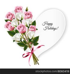 Happy Holidays heart shaped greeting card with a rose bouquet. Vector.