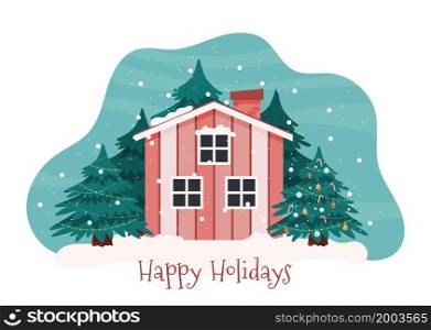 Happy Holidays illustration with wooden cabin in the snowy forest