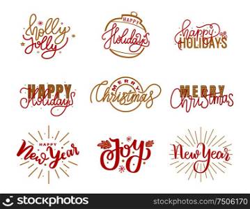 Happy Holidays lettering hand drawn doodle text, Merry Christmas and New Year typography font for greeting cards and creative postcards design, vector. Happy Holidays Lettering Hand Drawn Doodle Text