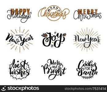 Happy Holidays lettering hand drawn doodle text, Merry Christmas and New Year typography font for greeting cards and creative postcards design, vector. Happy Holidays Lettering Hand Drawn Doodle Text