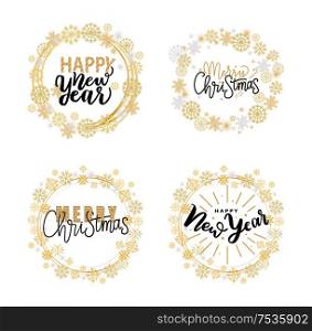 Happy Holidays, Merry Christmas and holidays, festive greetings, calligraphy prints, winter season wishes. Xmas lettering vector, doodles in wreath. Happy Holidays, Merry Christmas and Holidays Print