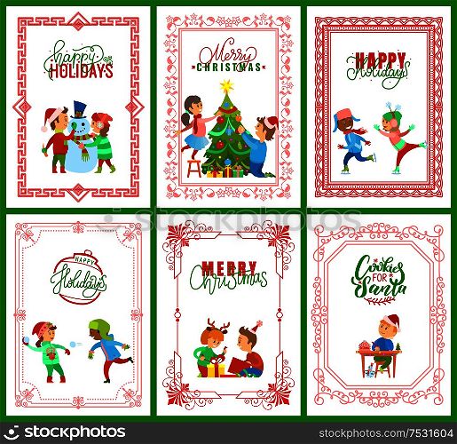 Happy holidays, Merry Christmas greeting cards set. Children having fun of skating rink, kids unpacking presents and building snowman. Tree decor. Happy Holidays, Merry Christmas Greeting Cards