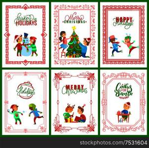 Happy holidays, Merry Christmas greeting cards set. Children having fun of skating rink, kids unpacking presents and building snowman. Tree decor. Happy Holidays, Merry Christmas Greeting Cards