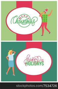 Happy Holidays, Merry Christmas greeting cards set vector. Man in Santa Claus hat dancing, dancer woman in blue dress and blouse, warm winter sweater. Happy Holidays, Merry Christmas Greeting Cards Set