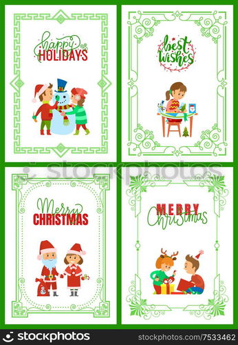 Happy holidays, merry Christmas greeting cards text vector. Santa Claus with presents in sack, children unpacking presents. Girl making handmade gifts. Happy Holidays, Merry Christmas Greeting Cards