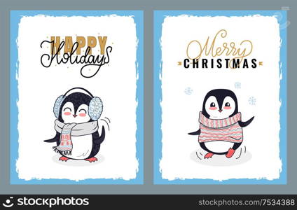 Happy Holidays, Merry Christmas greeting cards. Vector penguin wearing winter earmuffs and knitted striped scarf. Cartoon penguin in knitted sweater.. Happy Holidays and Merry Christmas Greeting Cards