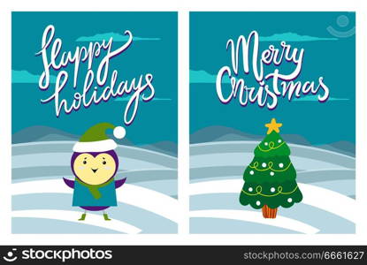 Happy holidays Merry Christmas greeting postcards with purple bird and tree with garlands and star on top isolated cartoon flat vector illustrations. Happy Holidays Merry Christmas Greeting Postcards