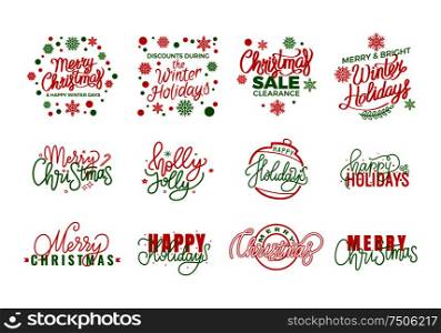 Happy Holidays, Merry Christmas, Joys lettering hand drawn doodle text. Xmas sale advertisements,greeting cards and creative postcards design, vector. Happy Holidays Merry Christmas Joys lettering Text